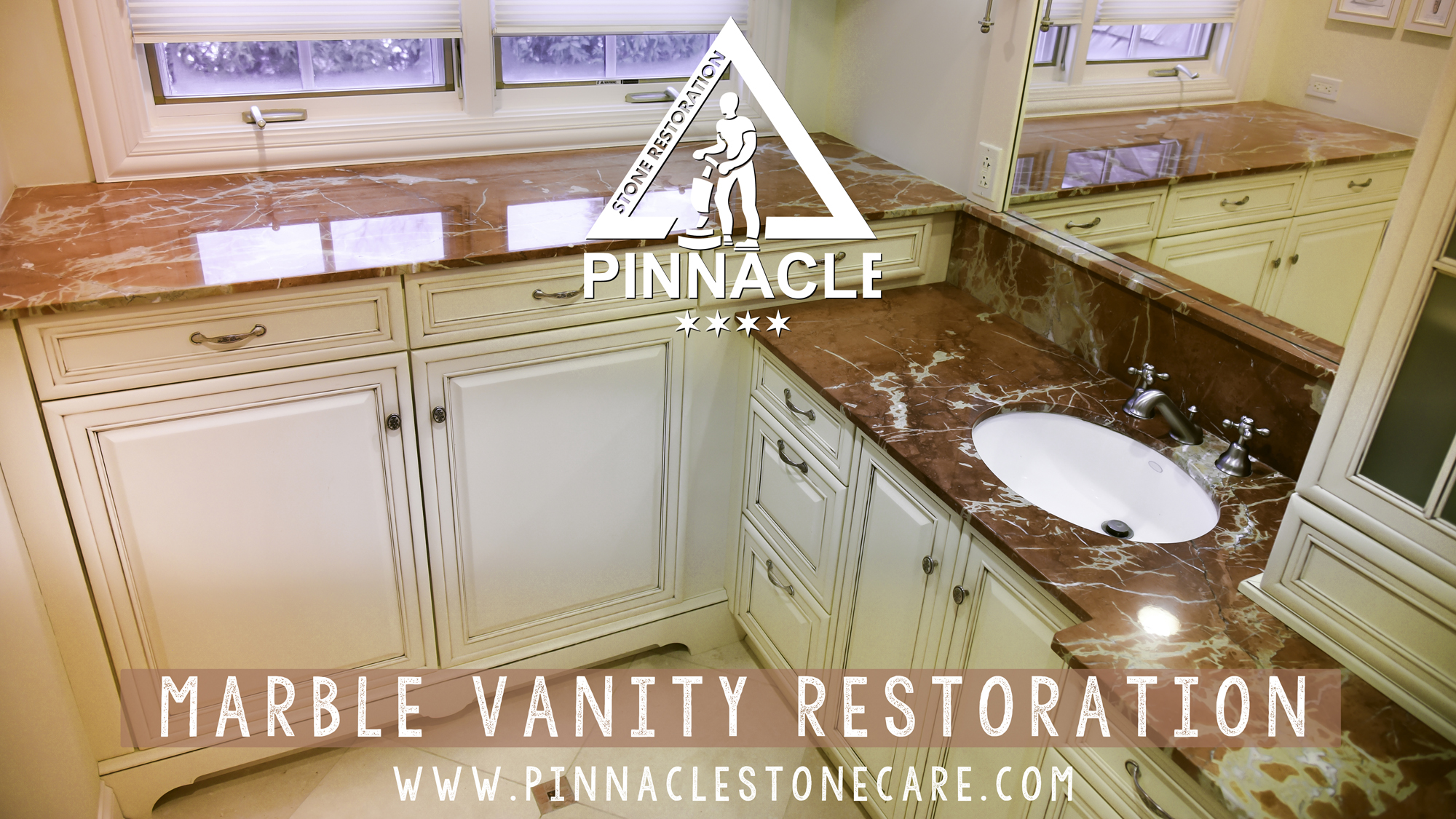 Marble vanity top restoration and polishing by Pinnacle Stone Restoration