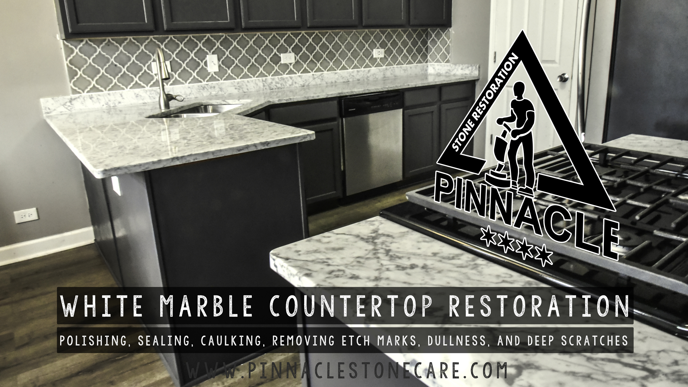 WHITE MARBLE COUNTERTOP RESTORATION – removing etch marks, dullness, scratches, polishing, sealing