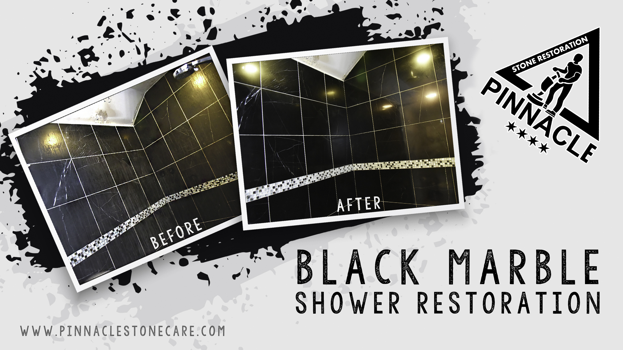 Black marble tile shower restoration – removing acidic cleaner damage, polishing and sealing