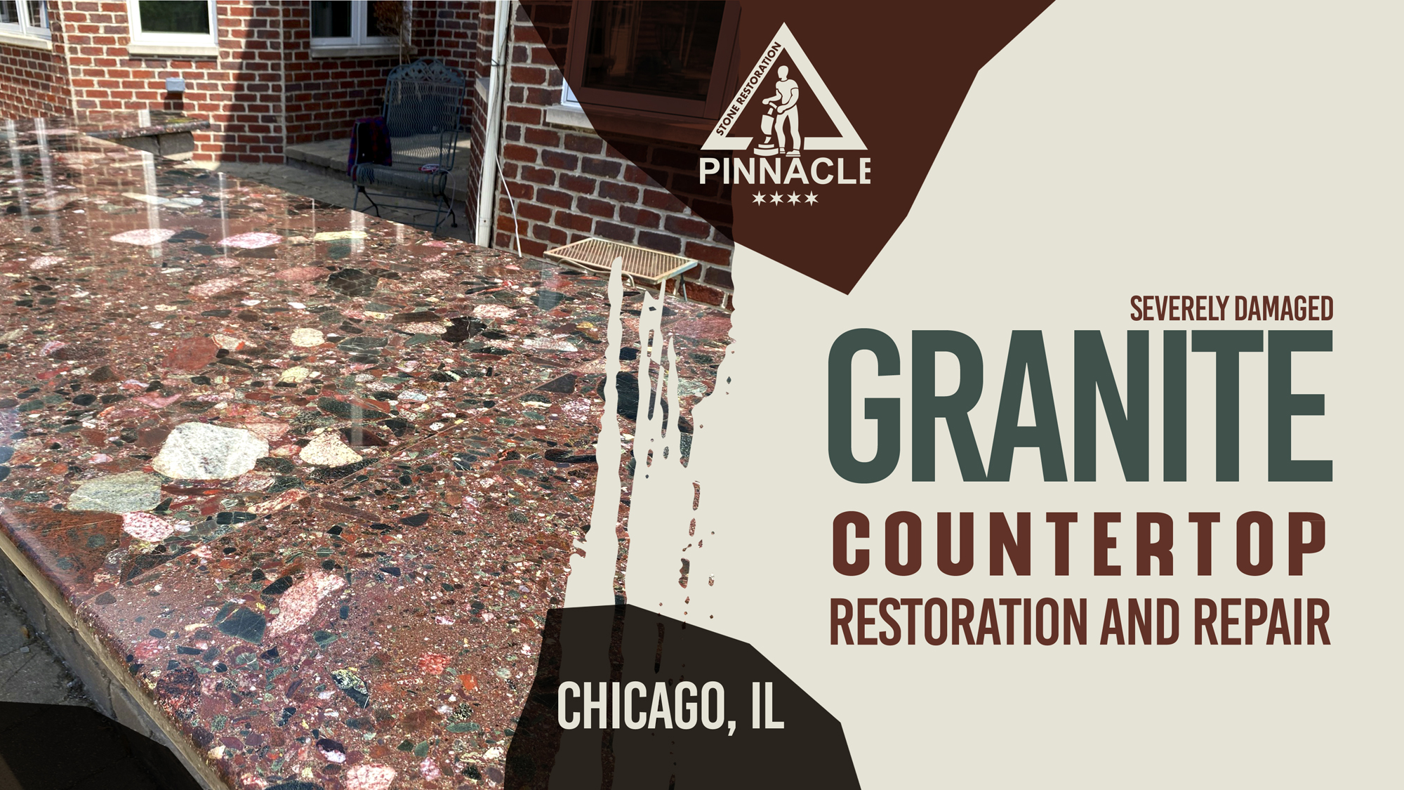Severely damaged outdoor granite countertop restoration, crack and chip repair, seam leveling, broken slab fix, deep clean, buff, and seal.