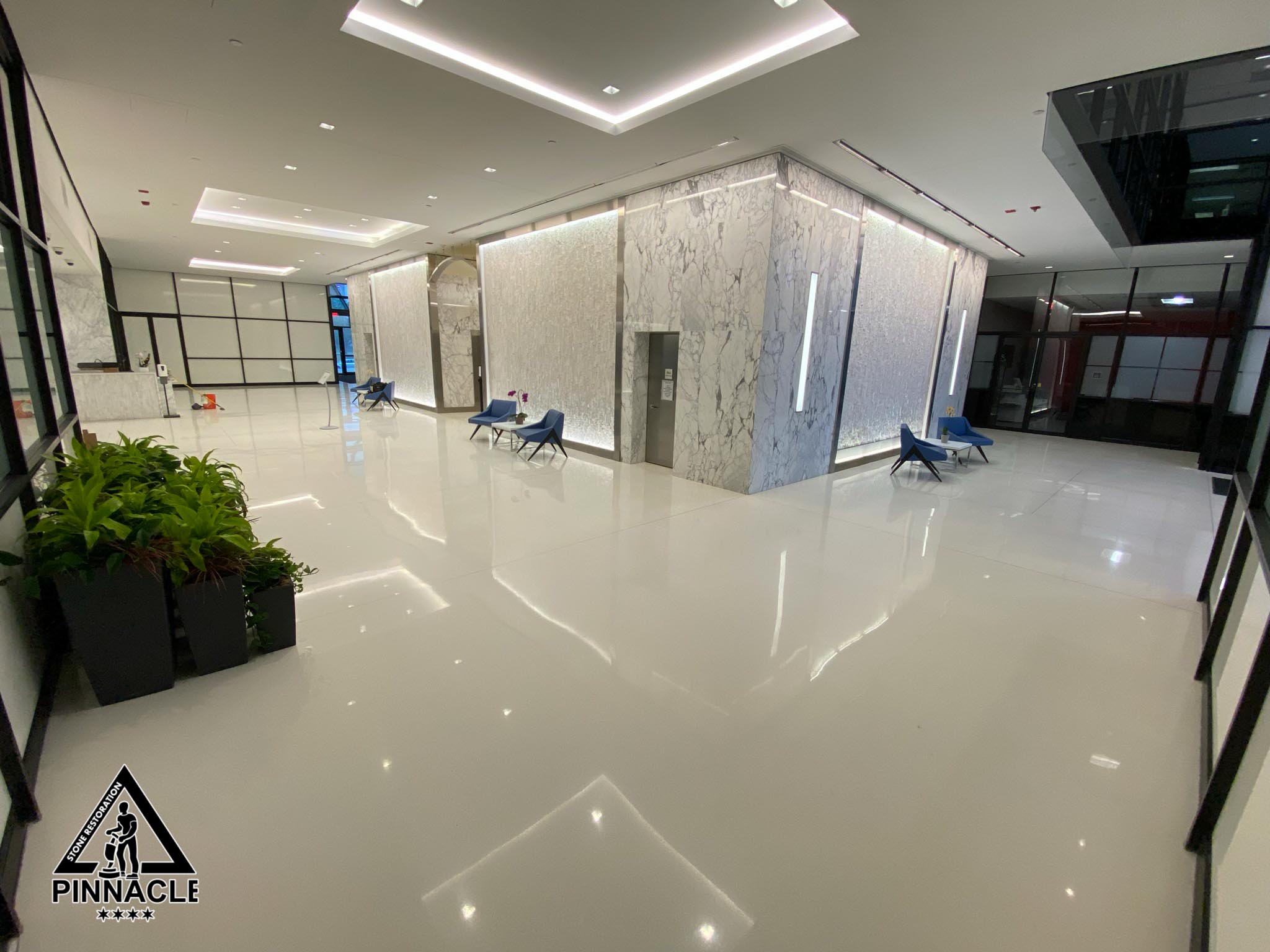 Lobby White Terrazzo Floor Restoration – grinding, grouting, honing, polishing, sealing, burnishing