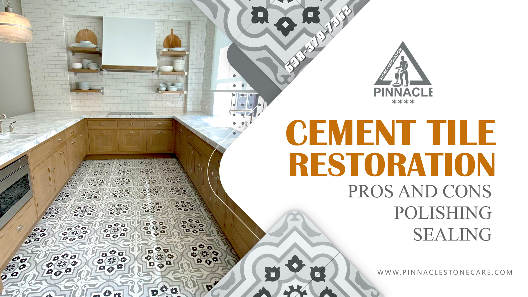 Cement tile restoration aka concrete tile (encaustic), honing, stain removal grout cleaning, sealing. Pros and Cons. Cement tile maintenance.