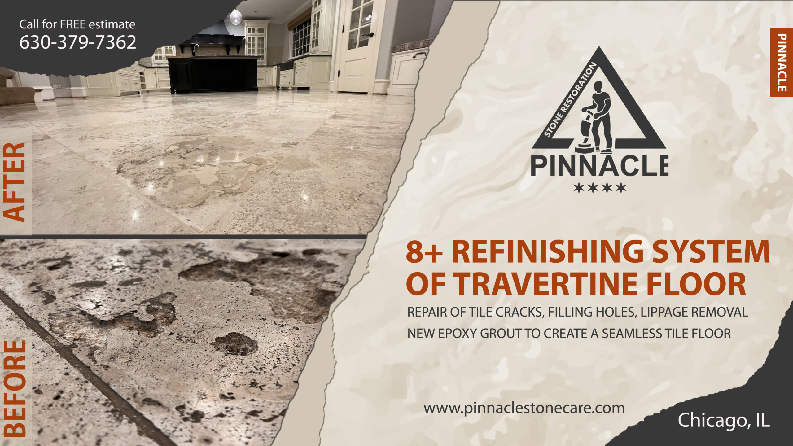 8+ refinishing system and repair of travertine tile floor. Repair of cracked tiles, filling holes, new epoxy grout, tile lippage removal and polishing to create a seamless floor