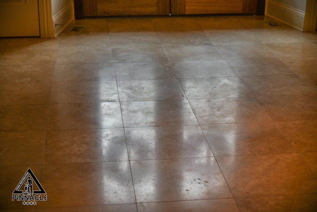 TRAVERTINE TILE FLOOR RESTORATION stripping honing polishing grout cleaning hole filling