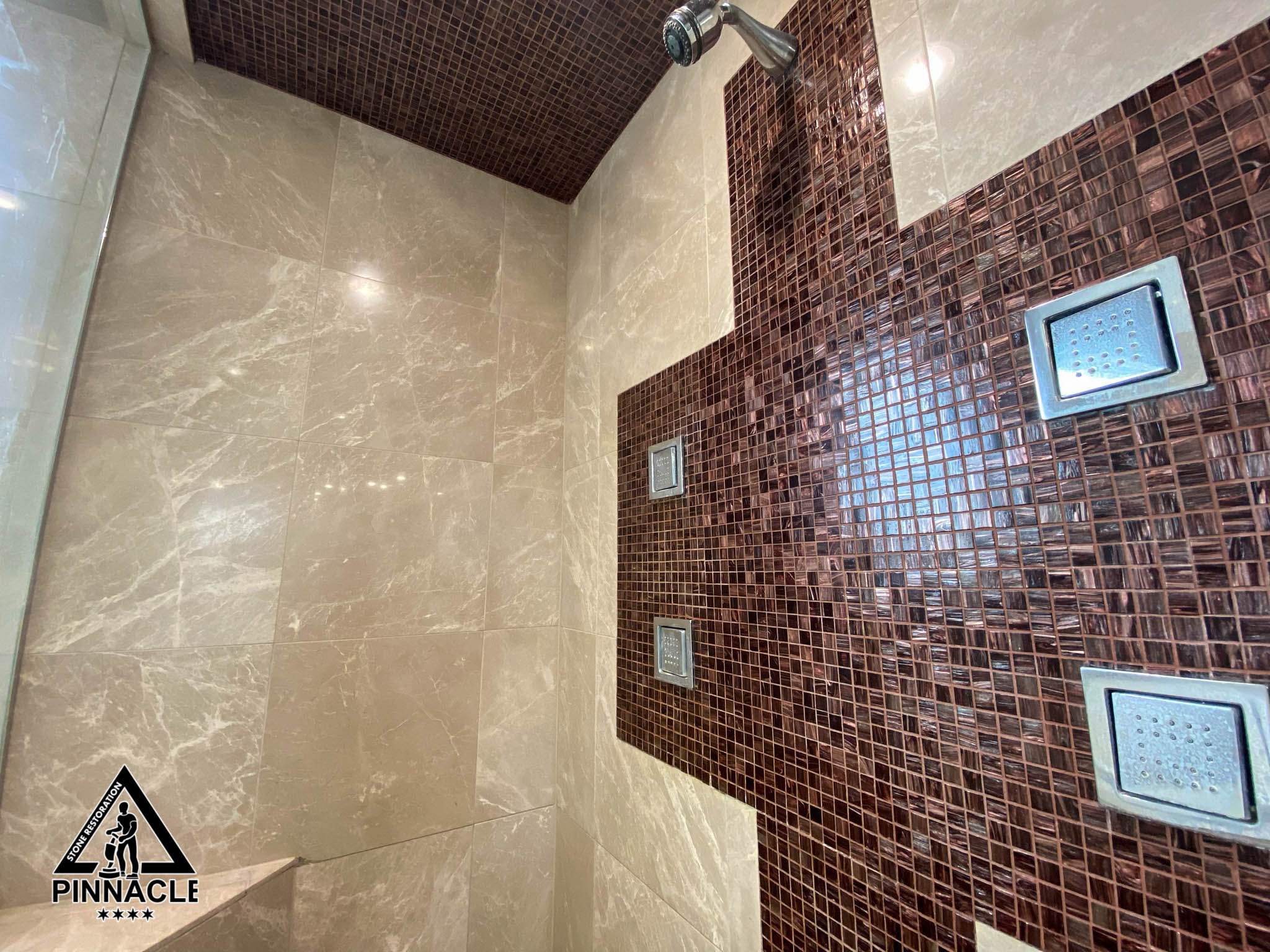 Crema Marfil Marble Shower Restoration – deep cleaning, buffing, sealing, grout cleaning