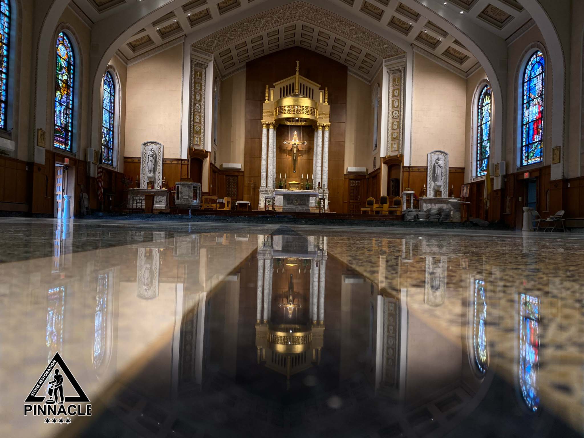 70-year-old terrazzo floor polishing and altar marble floor restoration and repair at Catholic Church in Chicago suburbs – honing, densifying, polishing, edges, vitrification, sealing, burnishing, repair.