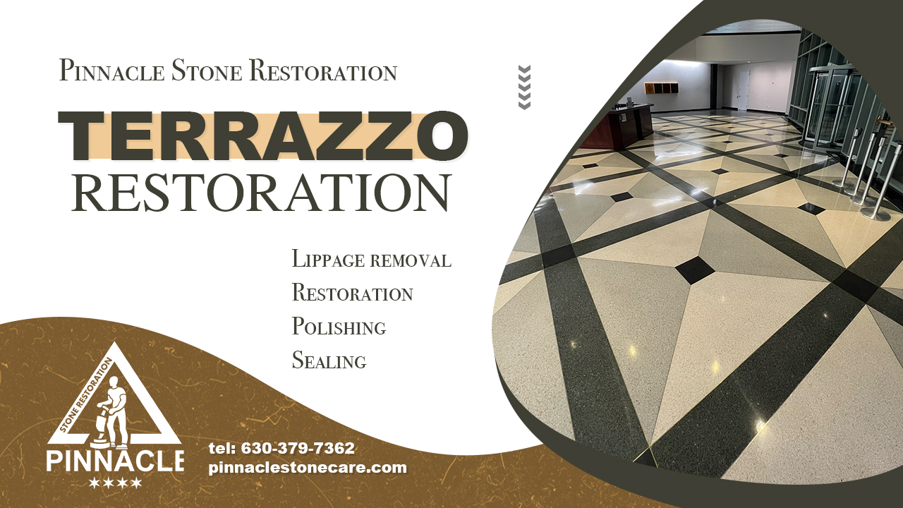 Large commercial terrazzo floor restoration and repair, lippage and bumps removal, grinding, honing, polishing, sealing, burnishing